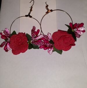 Pink Hoop Floral Earrings with goldtone ss ear wire.